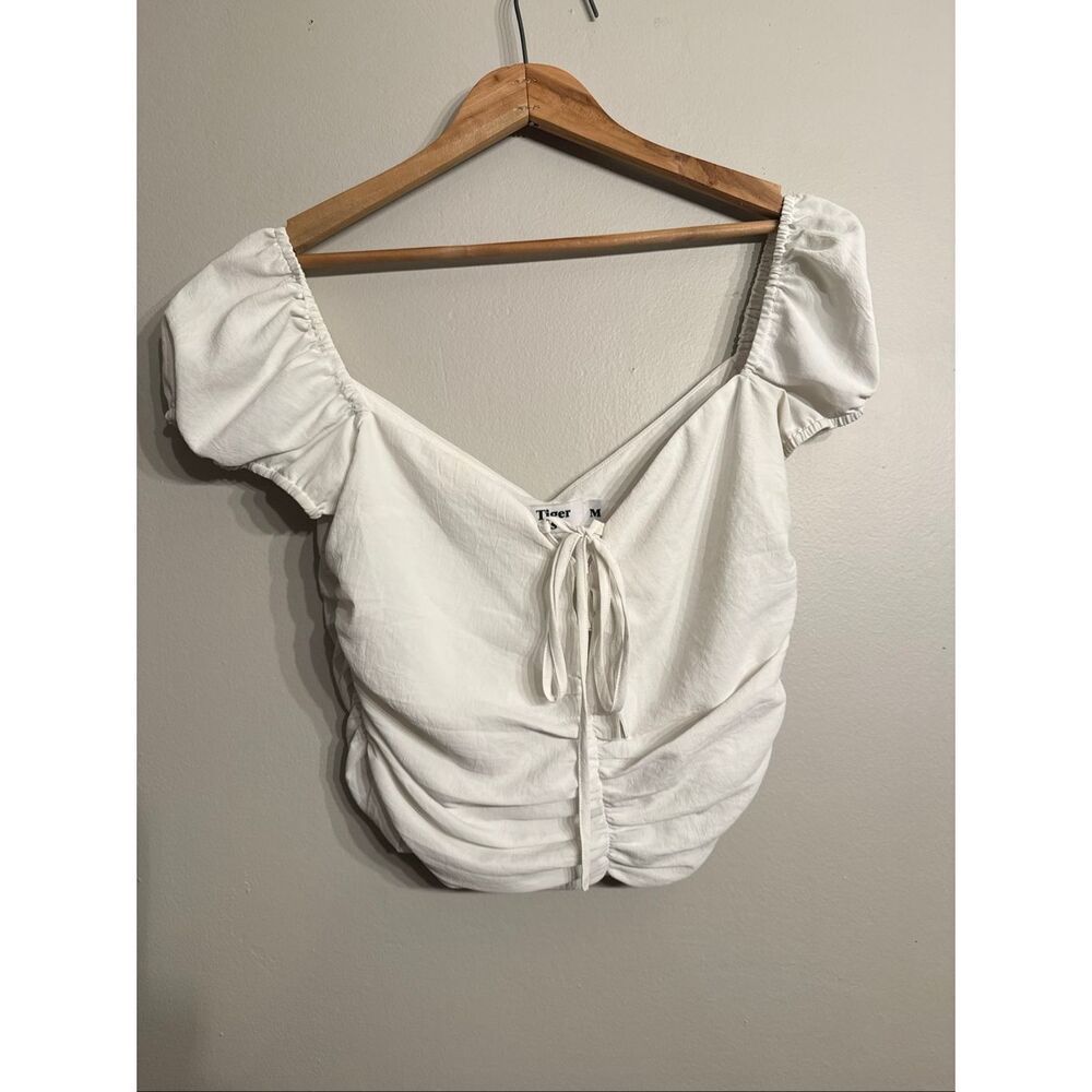 Tiger Mist White Short Puff Sleeve Crop Ruched Tie Up Blouse Size Medium
